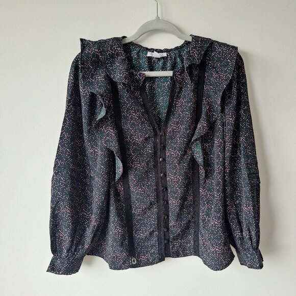 TOPSHOP Lace Inset Floral Ruffle Top - Black - Picture 2 of 9